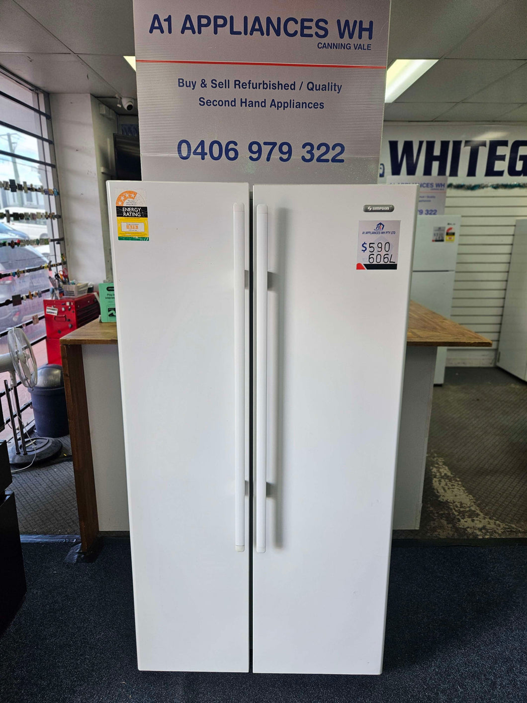 Simpson 606L Side by Side Fridge Freezer / SSM6100WA - A1 Appliances Jo Cool Whitegoods